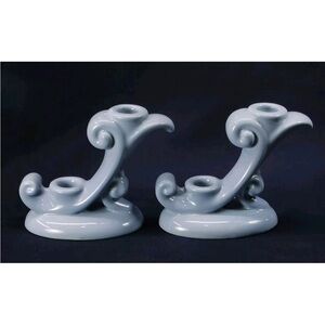 Vintage (2) Abingdon USA Pottery Light Blue Double Scroll Art Deco Candlesticks